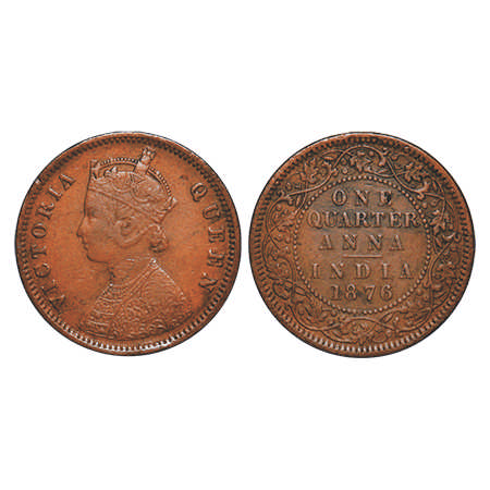 Victoria Queen, Copper, Quarter Anna, 1876, Calcutta Mint, B/II, No mint mark. F. Prid # 6