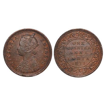 Victoria Empress, Copper, Quarter Anna, 1877, Bombay Mint, B/I, No mint mark. F. Prid # 63