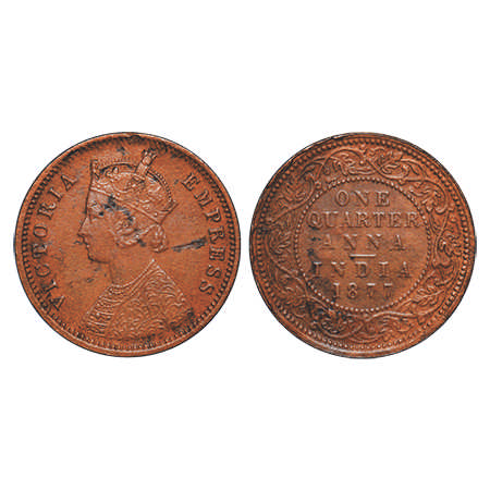Victoria Empress, Copper, Quarter Anna, 1877, Bombay Mint, B/I, No mint mark. F. Prid # 63
