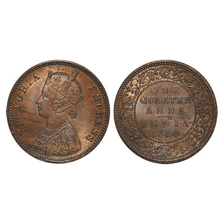 Victoria Empress, Copper, Quarter Anna, 1880, Calcutta Mint, B/II, No mint mark. F. Prid #