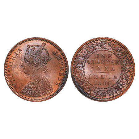Victoria Empress, Copper, Quarter Anna, 1880, Calcutta Mint, B/II, 'C' incused. F. Prid # 