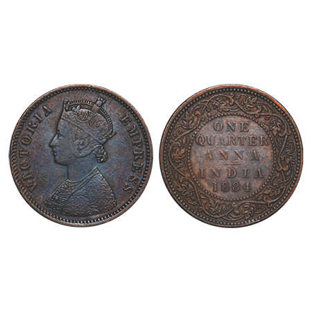 Victoria Empress, Copper, Quarter Anna, 1884, Bombay Mint, B/I, No mint mark. F. Prid # 64