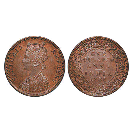 Victoria Empress, Copper, Quarter Anna, 1886, Bombay Mint, B/I, No mint mark. F. Prid # 64