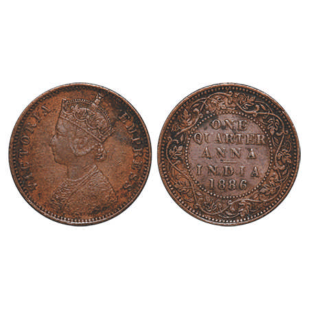Victoria Empress, Copper, Quarter Anna, 1886, Bombay Mint, B/I, No mint mark. F. Prid #. 8