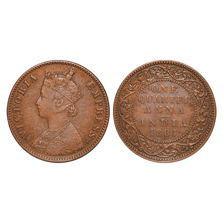 Victoria Empress, Copper, Quarter Anna, 1887, Bombay Mint, B/I, No mint mark. F. Prid # 64