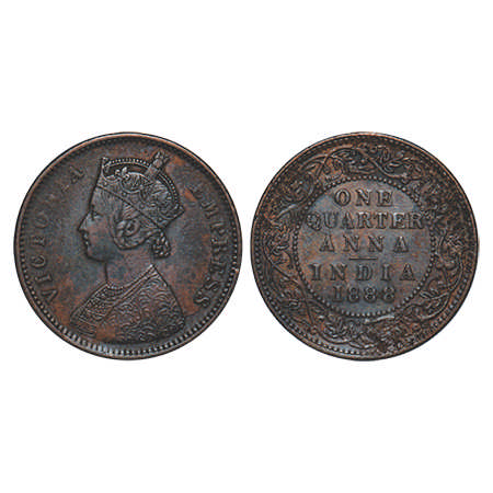 Victoria Empress, Copper, Quarter Anna, 1888, Bombay Mint, B/I, No mint mark. F. Prid # 64