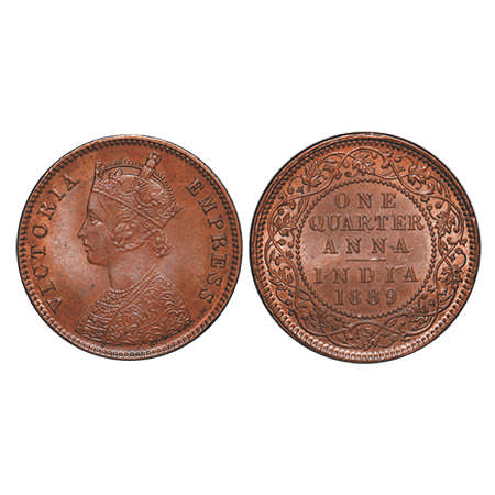 Victoria Empress, Copper, Quarter Anna, 1889, Calcutta Mint, B/II, No mint mark. F. Prid #