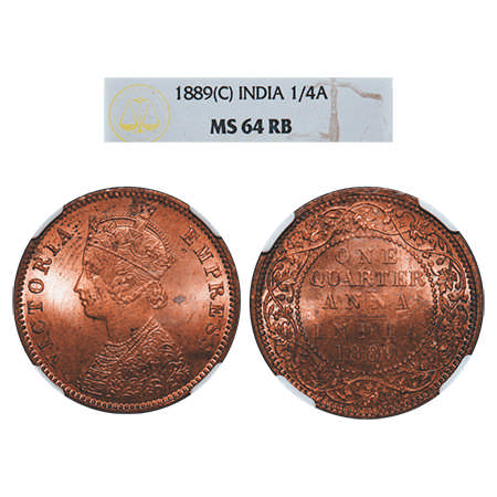 Victoria Empress, Copper, Quarter Anna, 1889, Calcutta Mint, B/II, No mint mark. F. Prid #