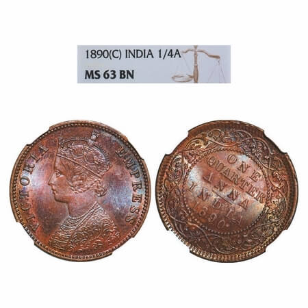Victoria Empress, Copper, Quarter Anna, 1890, Calcutta Mint, B/II, No mint mark, 1'o clock