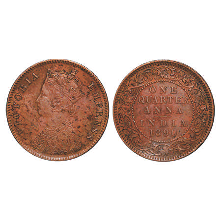 Victoria Empress, Copper, Quarter Anna, 1890, Calcutta Mint, B/II, No mint mark. F. Prid #