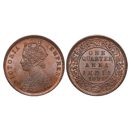 Victoria Empress, Copper, Quarter Anna, 1891, Calcutta Mint, B/II, No mint mark. F. Prid #