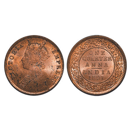 Victoria Empress, Copper, Quarter Anna, 1891, Calcutta Mint, B/II, No mint mark, Die crack