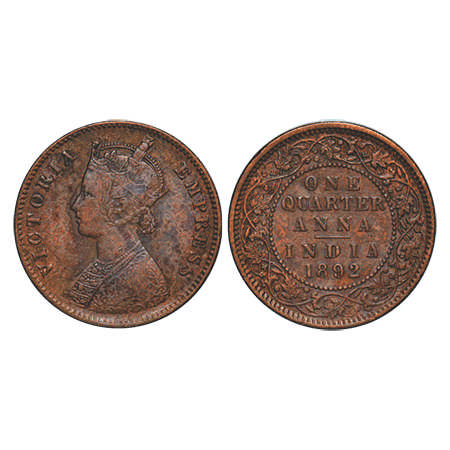 Victoria Empress, Copper, Quarter Anna, 1892, Calcutta Mint, B/II, No mint mark. F. Prid #