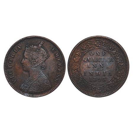 Victoria Empress, Copper, Quarter Anna, 1893, Calcutta Mint, B/II, No mint mark. F. Prid #