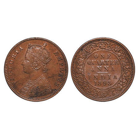 Victoria Empress, Copper, Quarter Anna, 1893, Calcutta Mint, B/II, No mint mark. F. Prid #
