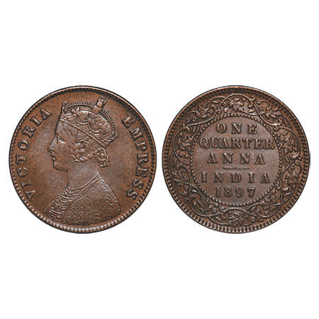 Victoria Empress, Copper, Quarter Anna 1897, Calcutta Mint, B/II, F. Prid # 630. GK 856. A