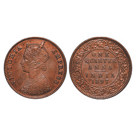 Victoria Empress, Copper, Quarter Anna, 1897, Calcutta Mint, B/II, No mint mark. F. Prid #