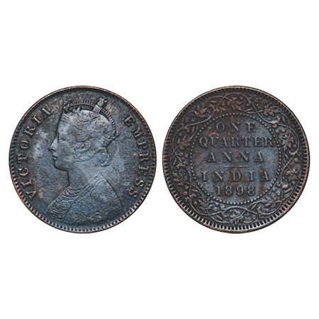 Victoria Empress, Copper, Quarter Anna, 1898, Calcutta Mint, B/II, No mint mark. F. Prid #