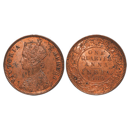 Victoria Empress, Copper, Quarter Anna, 1900, Calcutta Mint, B/II, No mint mark. F. Prid #