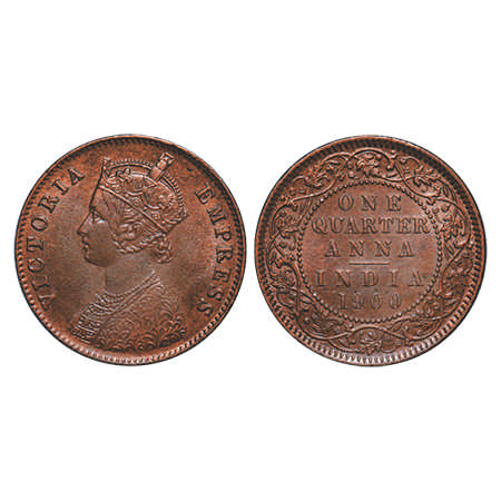 Victoria Empress, Copper, Quarter Anna, 1900, Calcutta Mint, B/II, No mint mark. F. Prid #