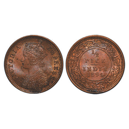 Victoria Empress, Copper, ½ Pice, 1894, Calcutta Mint, A/I, No mint mark, Ghost on Rev. F.