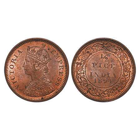 Victoria Empress, Copper, ½ Pice, 1894, Calcutta Mint, A/I, No mint mark. F. Prid # 727. G