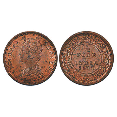 Victoria Empress, Copper, ½ Pice, 1895, Calcutta Mint, A/I, No mint mark. F. Prid # 728. G