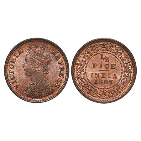 Victoria Empress, Copper, ½ Pice, 1897, Calcutta Mint, A/I, No mint mark. F. Prid # 730. G