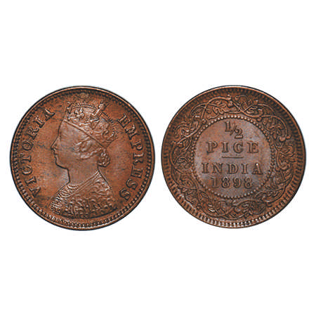 Victoria Empress, Copper, ½ Pice, 1898, Calcutta Mint, A/I, No mint mark, Die cracks on Ob