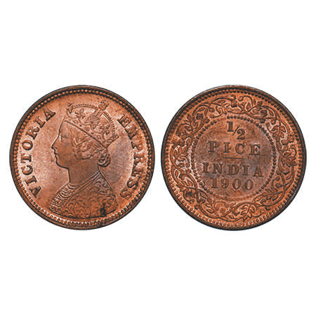 Victoria Empress, Copper, ½ Pice, 1900, Calcutta Mint, A/I, No mint mark. F. Prid # 733. G
