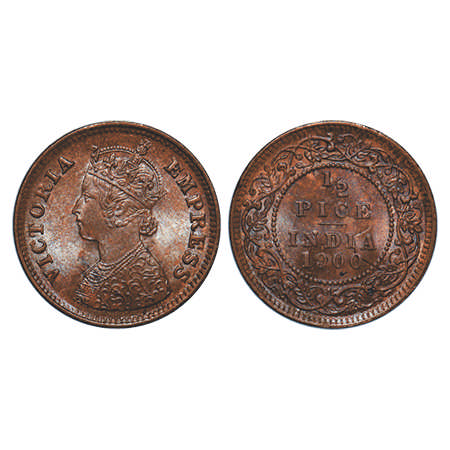 Victoria Empress, Copper, ½ Pice, 1900, Calcutta Mint, A/I, No mint mark, Complete skull g