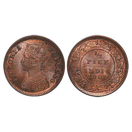 Victoria Empress, Copper, ½ Pice, 1901, Calcutta Mint, A/I, No mint mark, Ghost on Rev. F.