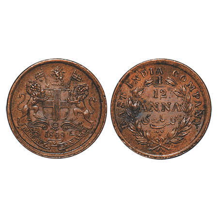 Victoria Queen, Copper, 1/12 Anna, 1848, Calcutta Mint, Wreath with 23 Berries (13L + 10R)