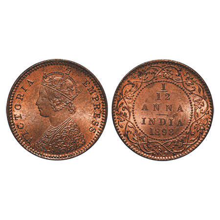 Victoria Empress, Copper, 1/12 Anna, 1898, Calcutta Mint, Obv B, No mint mark. F. Prid # 8