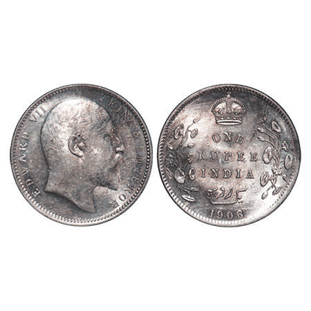 Edward VII, Silver, Rupee, 1906, Calcutta Mint, No mint mark. F. Prid # 192. GK 938. Uncir