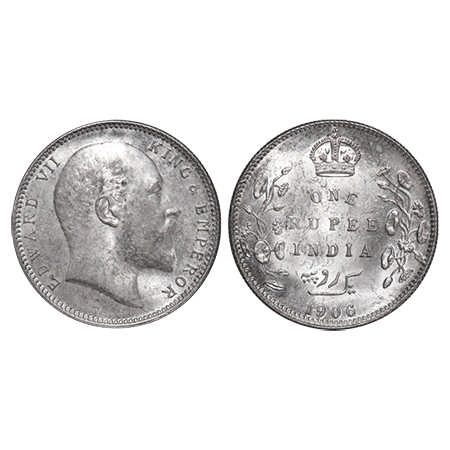 Edward VII, Silver, Rupee, 1906, Calcutta Mint, No mint mark. F. Prid # 192. GK 938. Uncir