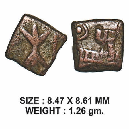 Western Kshatrapas, Bhumaka, Copper, 1.26g, Obv: Arrow and thunderbolt, Rev: Lion-wheel st