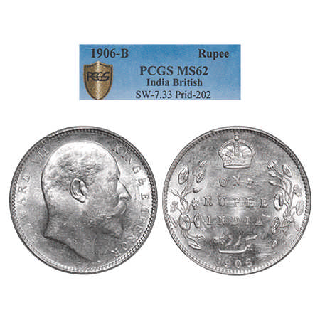 Edward VII, Silver, Rupee, 1906, Bombay Mint, 'B' incused and Dot. F. Prid # 202. GK 940. 