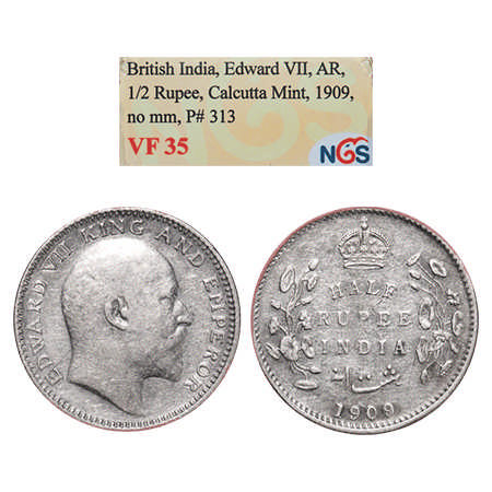 Edward VII, Silver, Half Rupee, 1909, Calcutta Mint, No mint mark. F. Prid # 313. GK 969. 