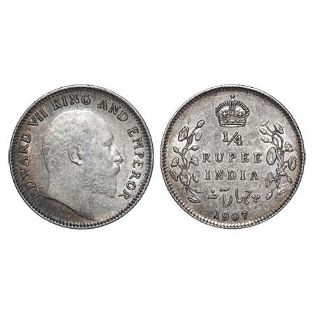 Edward VII, Silver, ¼ Rupee, 1907, Calcutta Mint, No mint mark. F. Prid # 436. GK 976. Ext