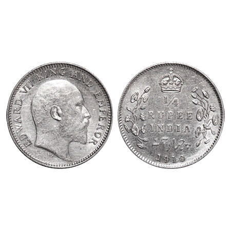 Edward VII, Silver, ¼ Rupee, 1910, Calcutta Mint, No mint mark. F. Prid # 439. GK 978. Abo