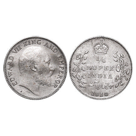 Edward VII, Silver, ¼ Rupee, 1910, Bombay Mint, Dot, F. Prid # Unlisted.GK 979. Extremely 