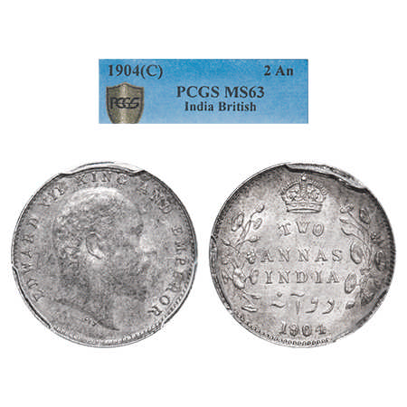 Edward VII, Silver, 2 Annas, 1904, Calcutta Mint, No mint mark. F. Prid # 557. GK 981. PCG