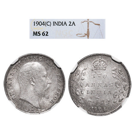Edward VII, Silver, 2 Annas, 1904, Calcutta Mint, No mint mark. F. Prid # 557. GK 981. NGC