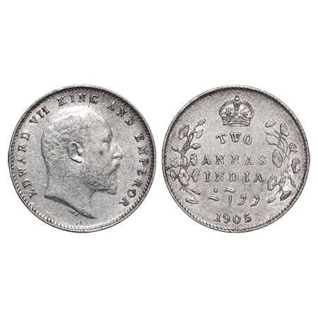 Edward VII, Silver, 2 Annas, 1905, Calcutta Mint, No mint mark, F. Prid # 558. GK 982. Ext