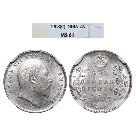 Edward VII, Silver, 2 Annas, 1908, Calcutta Mint, No mint mark. F. Prid # 561. GK 985. NGC