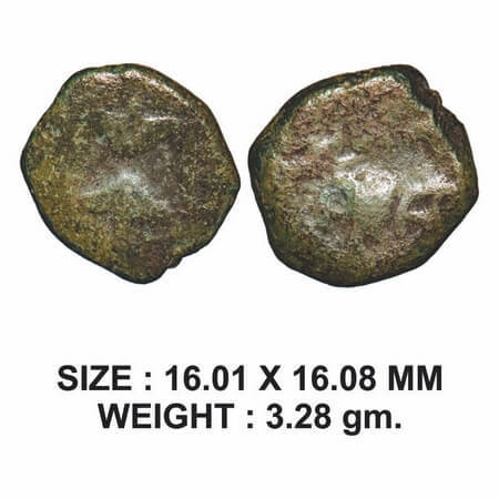 Western Kshatrapas, Bhumaka, Copper Unit, 3.28g, Obv: Arrow and thunderbolt around gtraces