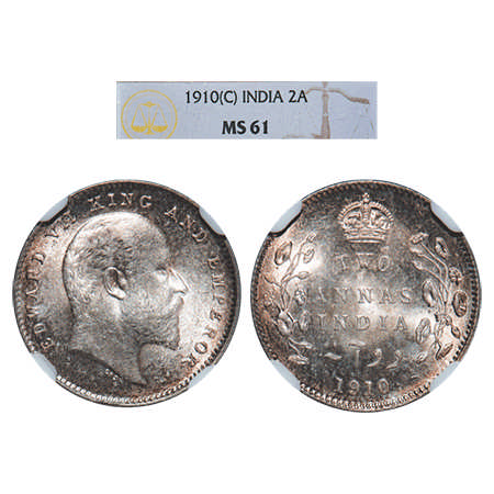 Edward VII, Silver, 2 Annas, 1910, Calcutta Mint, No mint mark. F. Prid # 563. GK 987. NGS