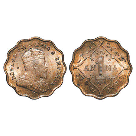 Edward VII, Copper-Nickel, 1 Anna, 1907, Bombay Mint, 'B' incused, Die cracks on Obv. F. P