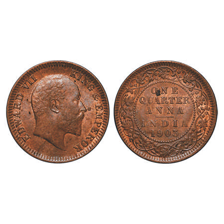 Edward VII, Copper, Quarter Anna, 1903, Calcutta Mint, No mint mark. F. Prid # 646. GK 994